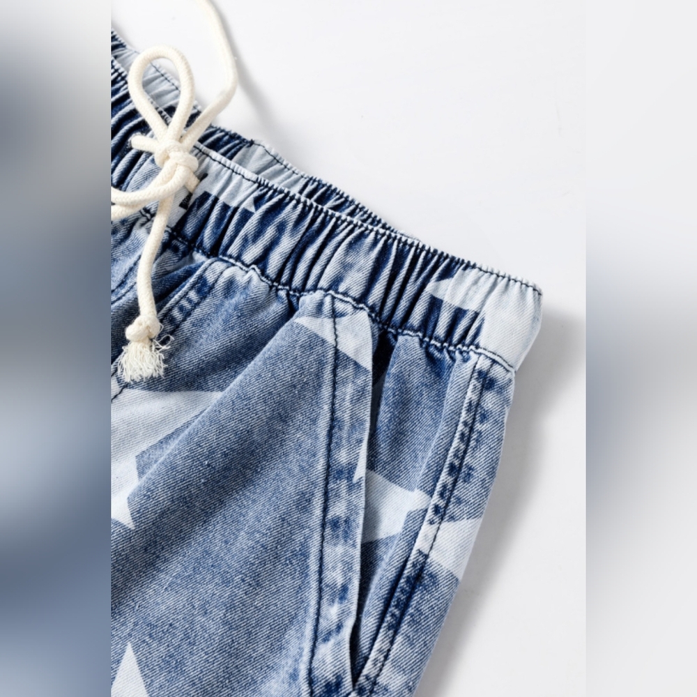 Light Blue Star Print Light Wash Drawstring High Waist Wide Leg Jeans - Picture 7 of 11